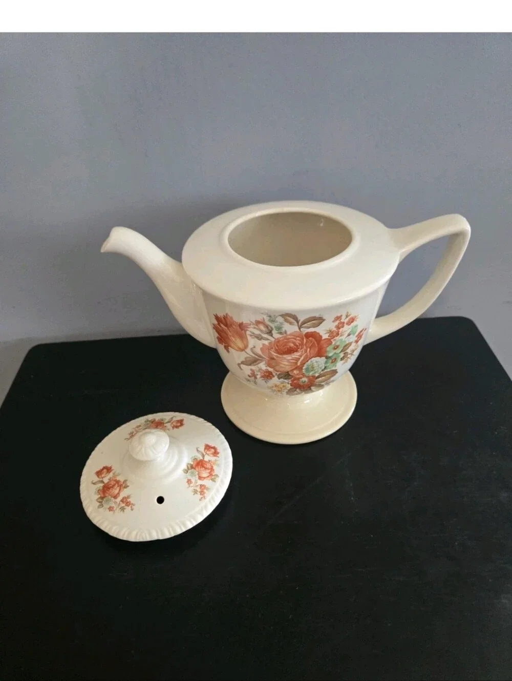 Vintage 1946 Homer Laughlin Ceramic Teapot w Exquisite Orange Poppy Print Op